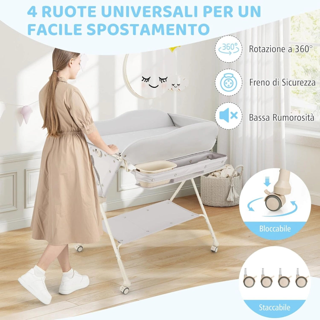 Fasciatoio Pieghevole Neonato, Fasciatoio Portatile con Altezza Regolabile a 3 Livelli, con Bacino, Cestino Portaoggetti e Cintura di Sicurezza, 4 Ruote Bloccabili, Portata 11 kg (Grigio)