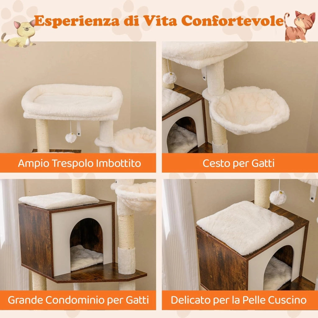 Mobiletto per Lettiera per Gatti, Tiragraffi per Gatti con Posto Graffio in Sisal e Tappetino, Pallina Pendenti, Toilette Nascosta e 2 Ciotole per Cibo, Mobili Moderni per Gattini (Marrone)