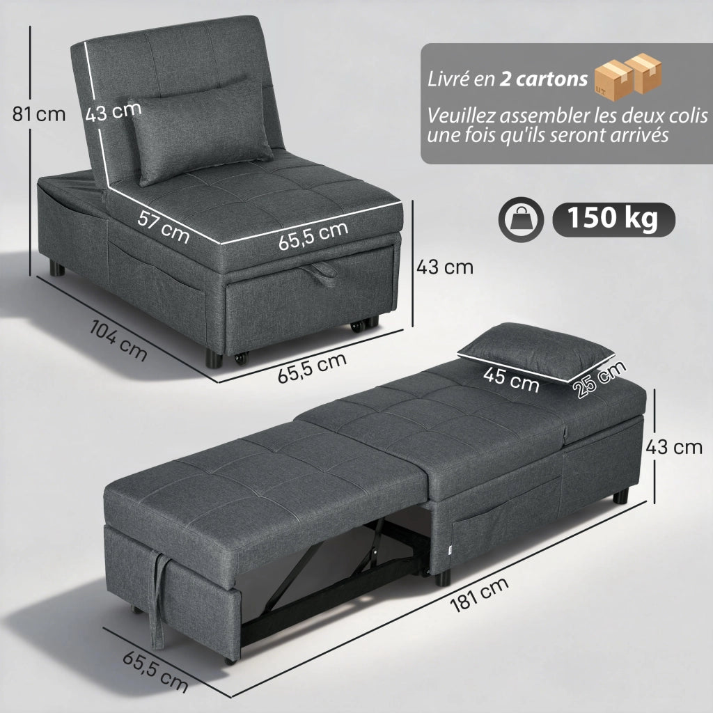 Poltrona letto 1 posto con schienale regolabile e cuscino - Xylo - grigio