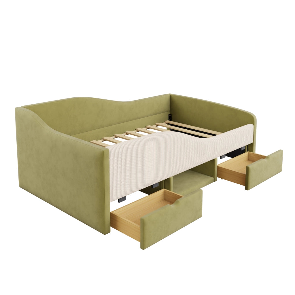 Letto per bambini 90 × 190 cm con due cassetti, sponde di sicurezza et vano portaoggetti, senza materasso, verde e avorio