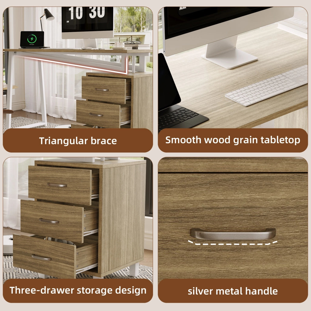 Scrivania lineare con 3 cassetti e ampio piano in MDF con struttura in acciaio bianco per studio naturale 130 × 55 × 75 cm