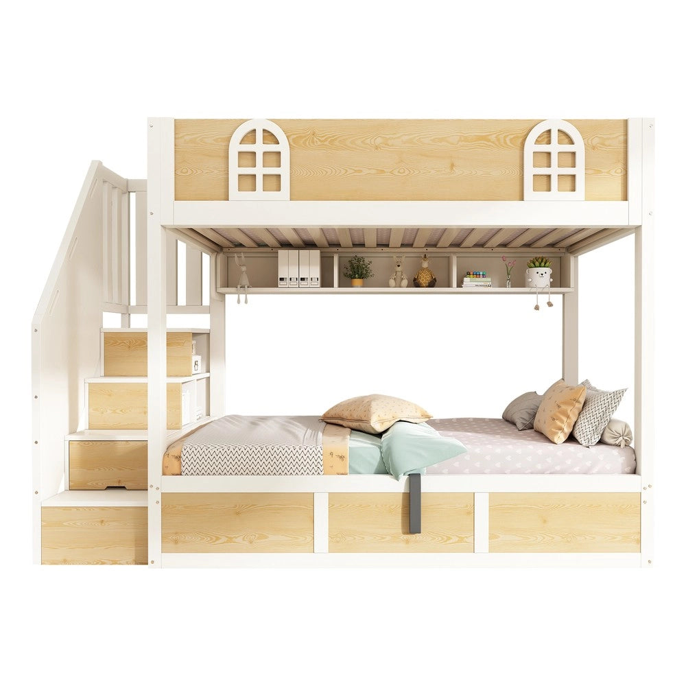 Letto a Castello per Bambini con Scaletta Contenitore ¨C MINIMAL ¨C Bianco/Legno, 90x200, Rete a Doghe