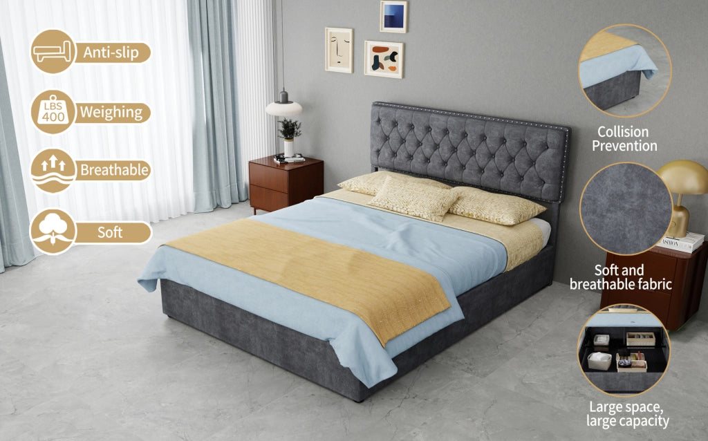 Letto imbottito ULEVR 140x200 cm grigio con materasso incluso, testiera alta e rete a doghe