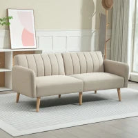 Divano Convertibile 2 Posti Design Scandinavo Schienale Regolabile 3 Posizioni Piedi Legno Tessuto Effetto Lino Beige