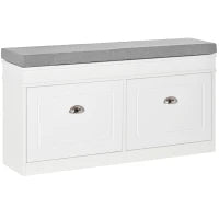 Panca Scarpiera Salvaspazio in Legno con Cuscino, 2 Cassetti con Mensola Regolabile per 8 Scarpe, 104x24x55cm, Bianco