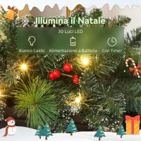 Ghirlanda Natalizia 180 cm con Rami Innevati e 30 Luci Bianche, Pigne e Bacche per Interni