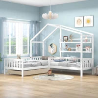 Letto per bambini con cassetti e scaffali, struttura a L, senza materasso, 90x200 cm+140x70 cm, Bianco