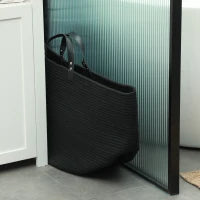 Cesto Portabiancheria da 88L Portatile e Pieghevole con Manici in Cotone Naturale, Ø56x35.5 cm, Nero