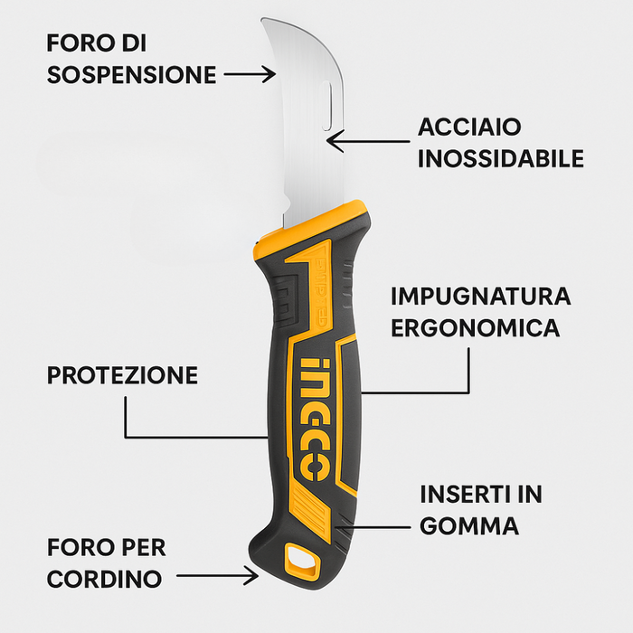 Coltello spellafili 200mm acciaio inossidabile lama curva lavori elettrici ingco