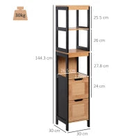 Colonna Bagno con 2 Cassetti e 3 Vani Aperti in Legno MDF e Bambù 30x30x144.3 cm