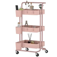 Carrello Ausiliario con Ruote Carro di Stoccaggio Multifunzionale con Ganci e Ceste Sospese 42x38x86,5 cm Rosa