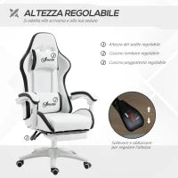 Sedia da Gaming con Altezza Regolabile e Schienale Reclinabile, 65x65x121-129 cm, Bianco e Nero