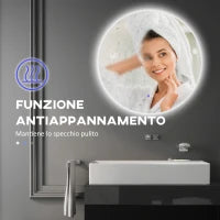 kleankin Specchio Bagno con Luci LED Regolabili, Interruttori Touch e Design Antiappannamento, Ø70 cm