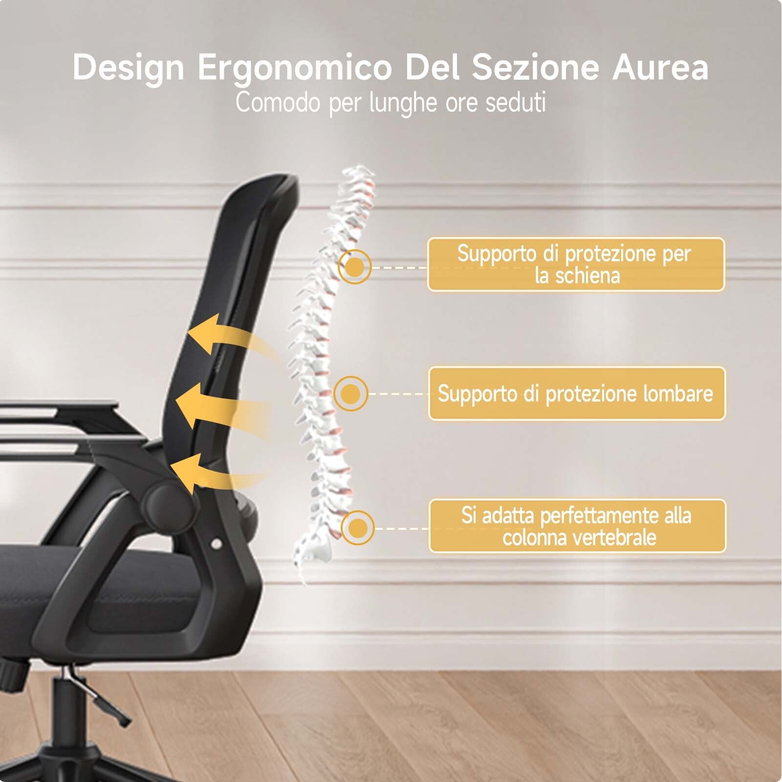 Sedia Ufficio Ergonomica - RATTANTREE - Con Braccioli Pieghevoli, Rete Respirante, Funzione Oscillante 90-105° - Nero