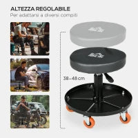 Sgabello da Officina con Ruote e Porta Attrezzi, Altezza Regolabile e Girevole, Ø40x25-48cm, Nero