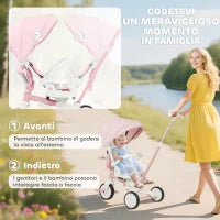 Triciclo per Bambini 5 in 1 con Maniglione di Spinta e Copertura Rimovibile, 96.5x49x101 cm, Rosa