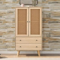 Credenza legno multifunzione con 2Ante in Rattan e 2Cassetti, impermeabili e gambe in legno di pino massiccio, Quercia