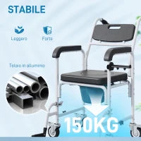 Sedia a Rotelle con WC Impermeabile 4 in 1 con Poggiapiedi Ribaltabili, in Alluminio e Plastica, Nero