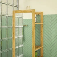 Scaffale da Bagno con Specchio e 6 Ripiani a Doghe in Bambù, 35x35x168cm, Colore Legno