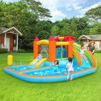 Castello gonfiabile multiuso con scivolo d'acqua, trampolino, canestro da basket e pistola ad acqua, 460x343x190 cm, Arancione