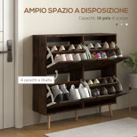 Mobile Scarpiera con 4 Cassetti Ribaltabili a 2 Livelli per 16 Paia, in Legno, 95x26x95 cm, Marrone