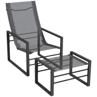Set poltrona relax da giardino con poggiapiedi, chaise longue, struttura in metallo e tessuto a maglia traspirante - grigio