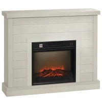 Camino Elettrico 1800W con Effetto Fiamma e Telecomando, in Legno, Metallo e Vetro, 96.5x22x81.7 cm, Grigio Chiaro