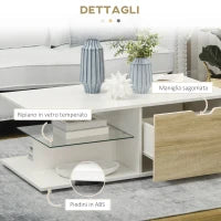 Tavolino Basso da Caffè in Truciolato con Cassetti e Ripiano in Vetro per Soggiorno e Ingresso, 106x58x39 cm, Bianco