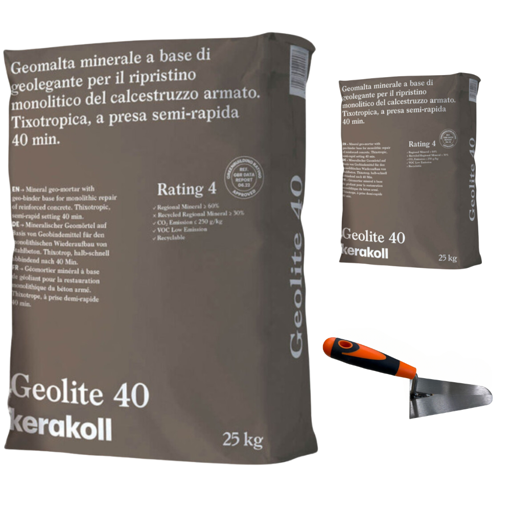 Geomalta minerale tixotropica 2 sacchi da 25 kg cazzuola punta tonda 16 cm