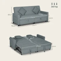 Divano Letto 3 Posti Clic Clac con Schienale Reclinabile e 2 Cuscini, 196x90x89 cm, Grigio