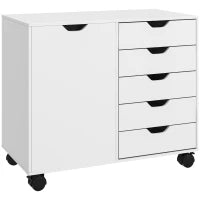Mobile da Ufficio con 5 Cassetti, 1 Porta, Mensola Regolabile, Supporto Stampante Ruote, 78x40x66,5 cm, Bianco