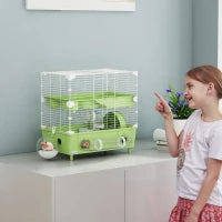 Gabbia per Criceti a 2 Livelli e 3 Porte con Ruota e Tubi, in Acciaio, PS e PP, 44.5x28x44 cm, Verde e Bianco