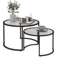 Set 2 Tavolini da Caffè Sovrapponibili in Vetro e Acciaio, Ø70x47.5 cm e Ø54 x 42.5 cm, Nero