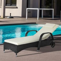 Lettino Prendisole da Giardino con Ruote, Sedia a Sdraio per Spiaggia con Altezza Regolabile in Rattan, Nero e Crema, 200x73x103cm