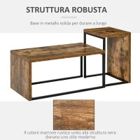 Set di 2 Tavolini da Salotto Impilabili e Salvaspazio in Stile Industriale, Legno MDF e Metallo, Marrone e Nero