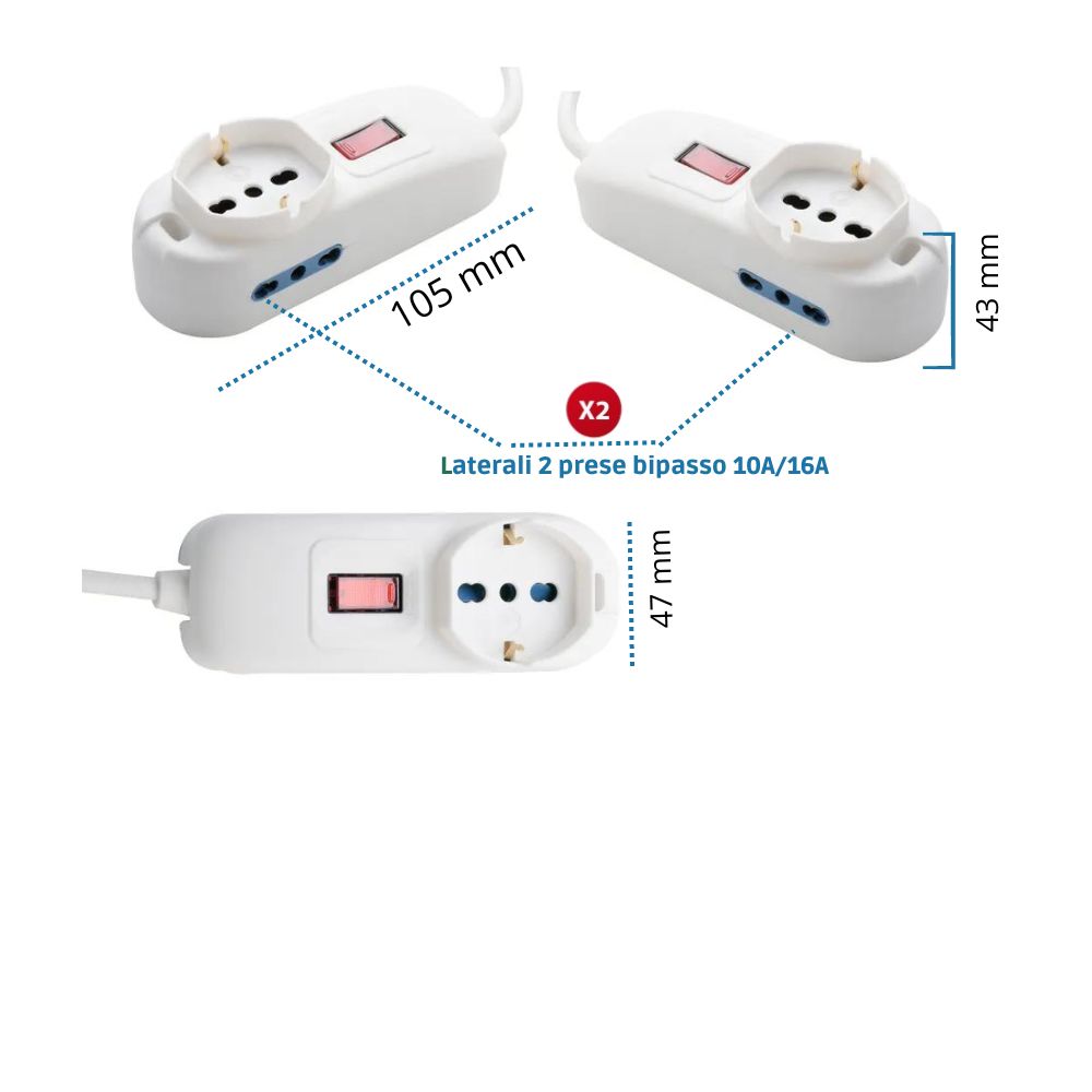 Multipresa 2 prese bipasso 10/16a universale shuko spina angolo 10a 1,5 metri