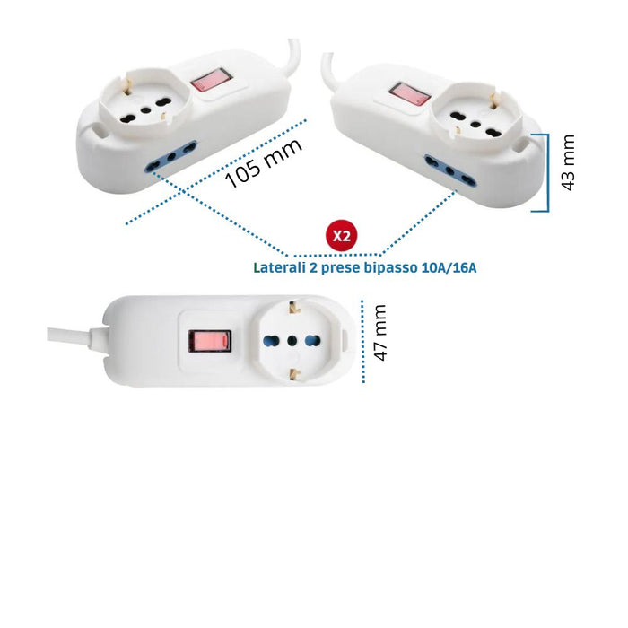Multipresa 2 prese bipasso 10/16a universale shuko spina angolo 10a 1,5 metri
