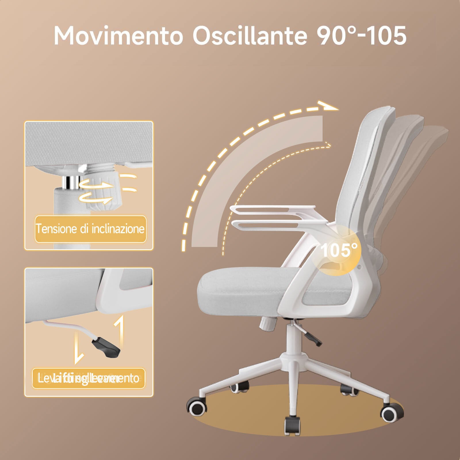 Sedia Ufficio Ergonomica - RATTANTREE - Con Braccioli Pieghevoli, Rete Respirante, Funzione Oscillante 90-105° - Grigio