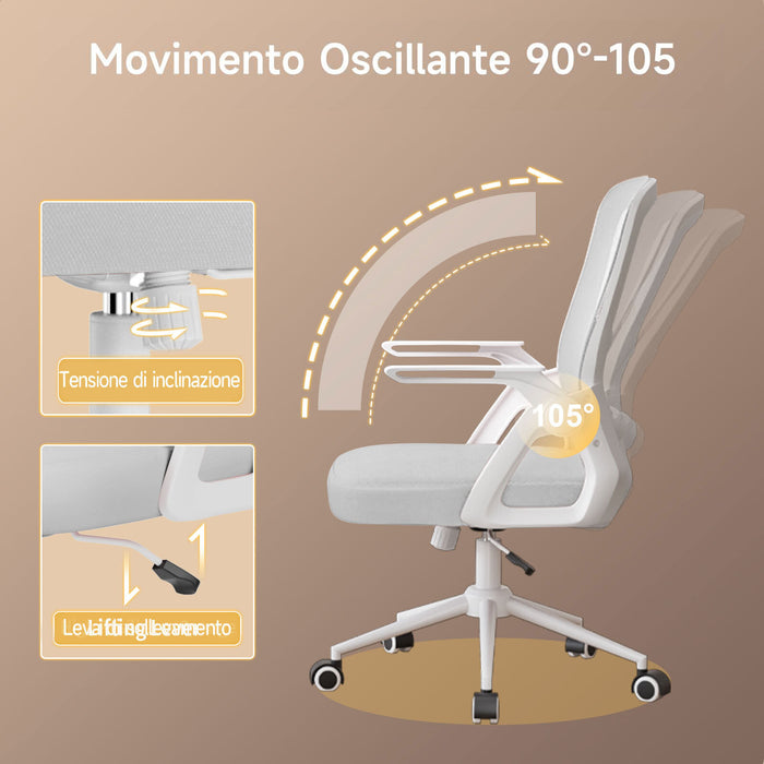 Sedia Ufficio Ergonomica - RATTANTREE - Con Braccioli Pieghevoli, Rete Respirante, Funzione Oscillante 90-105° - Grigio