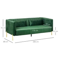 Divano 3 Posti Moderno con Cuscini Imbottiti, Gambe in Acciaio e Tessuto Vellutato, 200x88x76 cm, Verde