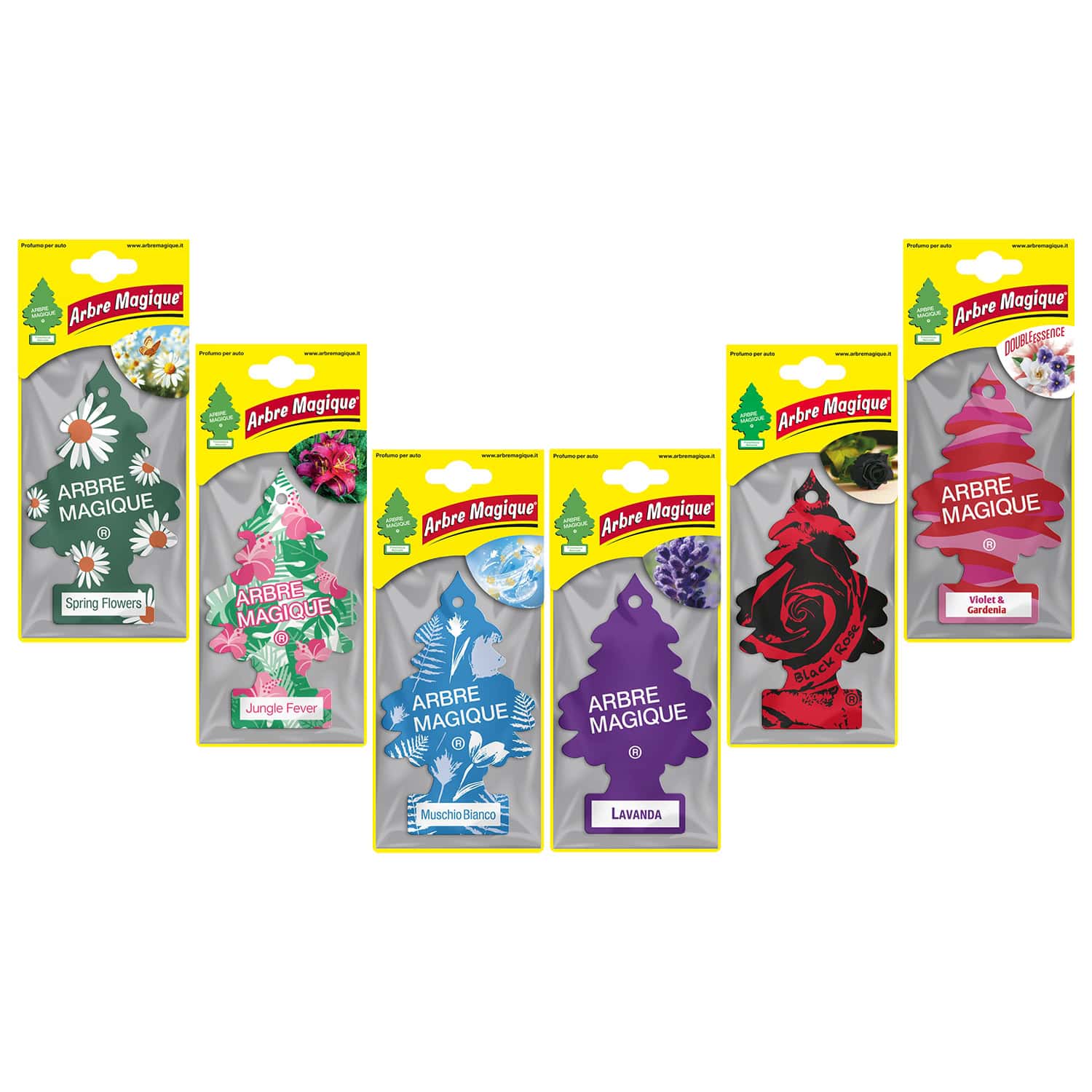 Profumatore Auto,Jungle Fever,Muschio Bianco,Black Rose,Spring Flowers, Violet & Gardenia e Lavanda, Arbre Magique