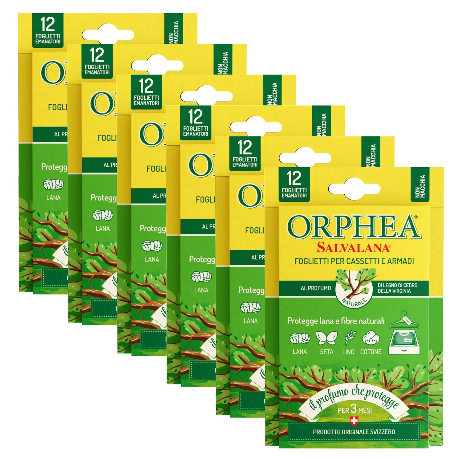 Salvalana Foglietti Cassetti e Armadi, Agisce per 12 Settimane, 6 x 12 Foglietti, Legno di Cedro della Virginia, Orphea