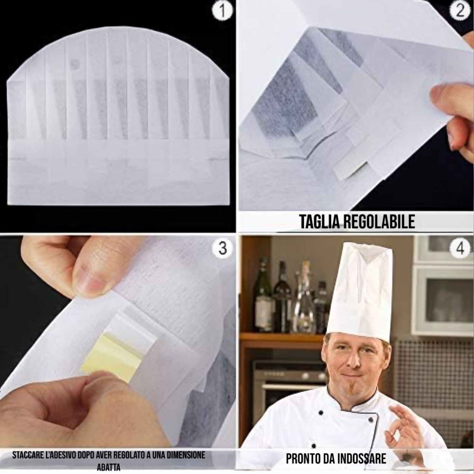 6 Cappelli da Cuoco Monouso in Carta Bianca Regolabili per Cucina e Ristorante