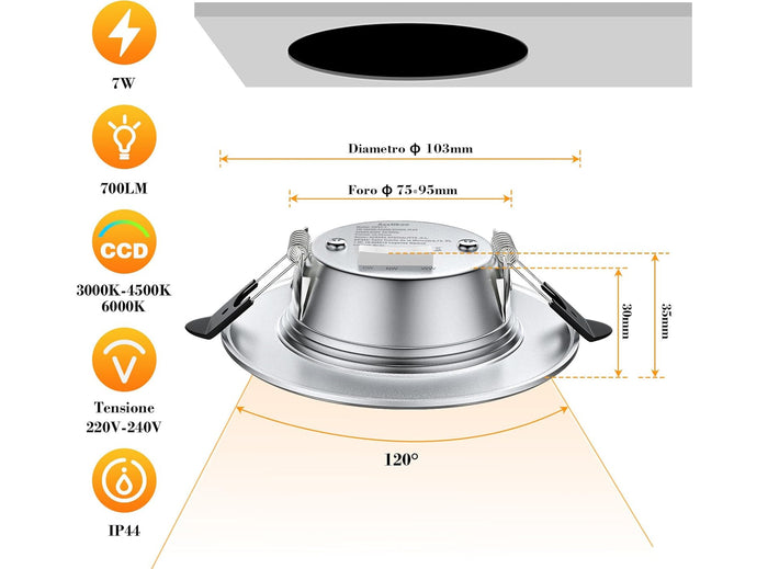 6 Faretti LED da Incasso per Cartongesso Dimmerabile 7W 700LM Ultrasottili per Interni 3000K 4500K 6000K Regolabile IP44 Soffitto Foro Ø75-95mm