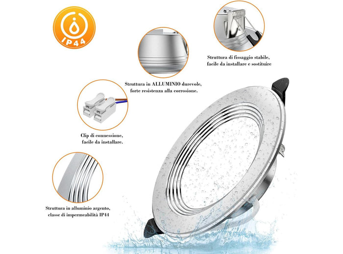 6 Faretti LED da Incasso per Cartongesso Dimmerabile 7W 700LM Ultrasottili per Interni 3000K 4500K 6000K Regolabile IP44 Soffitto Foro Ø75-95mm