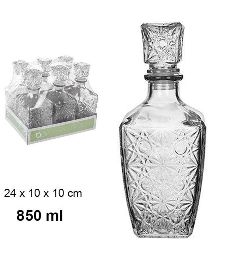 6 Bottiglia Vintage Per Liquore Wiskey Cognac Scotch In Vetro Con Tappo 10x24cm         