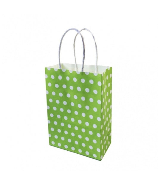 6 Buste Da Regalo Shoppers In Carta Con Manici Verde Pois 21x14.5x8 Cm Sacchetti         