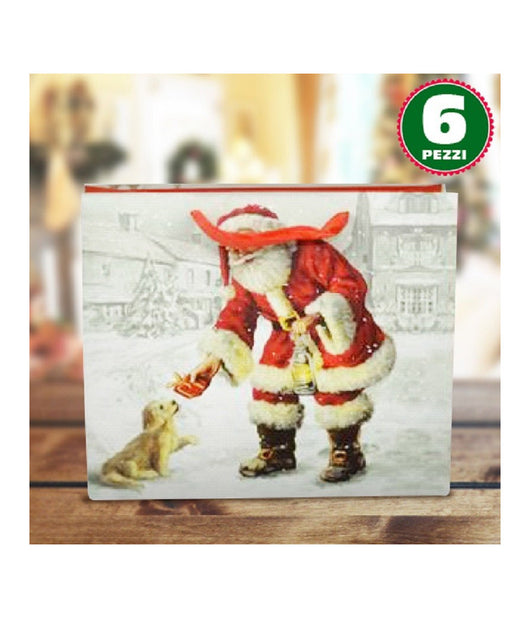 6 Buste Da Regalo Stampa Babbo Natale Classico Con Manici Rossi 31x26x12cm         