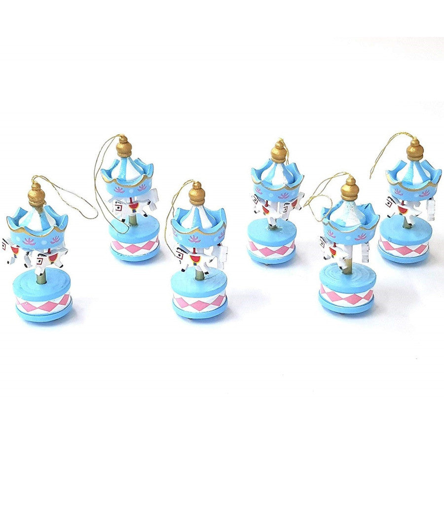 6 Mini Carillon Colore Azzurro Cc39835 Giostra Cavalli Decorazione Legno 8x3.5cm         