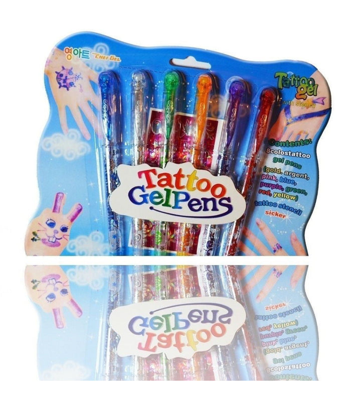 6 Penne Per Tatuaggi Tattoo Gel Temporaneo Glitter Bambini Divertimento         